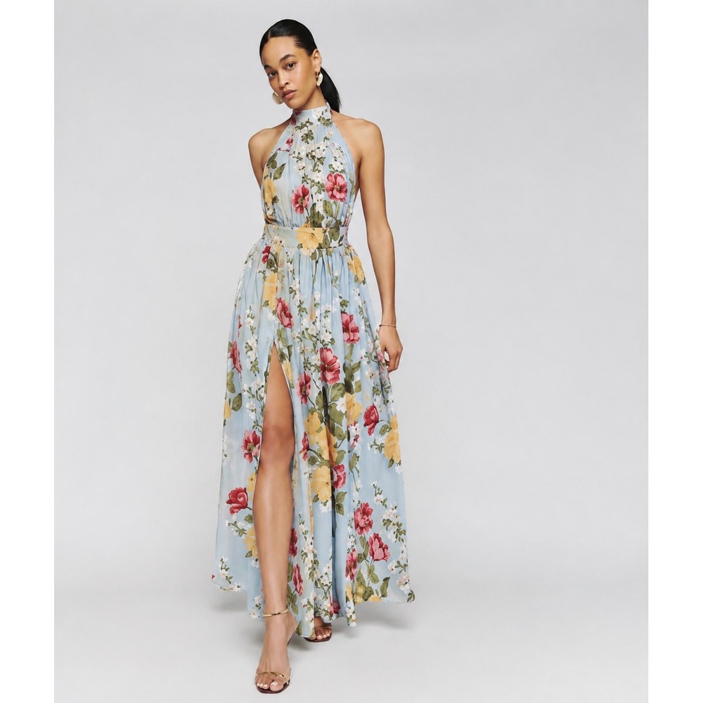Reformation Andee Halter‎ Maxi Dress Sz 2 Blue Floral Wedding Cottagecore Summer